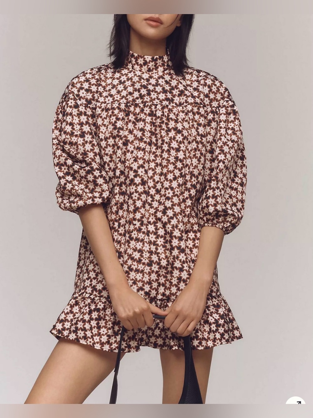 Anthropologie Long-Sleeve Mock-Neck Swing Mini Dress size medium brown star NWT
